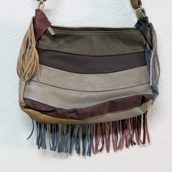 Block Fringe Genuine Leather Boho Crossbody Sling Bag - Brown and Gray Color - Picture 4 of 9